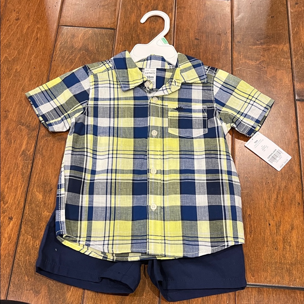 Carters 18 mo set plaid shirt with blue shorts dinosaur emblem